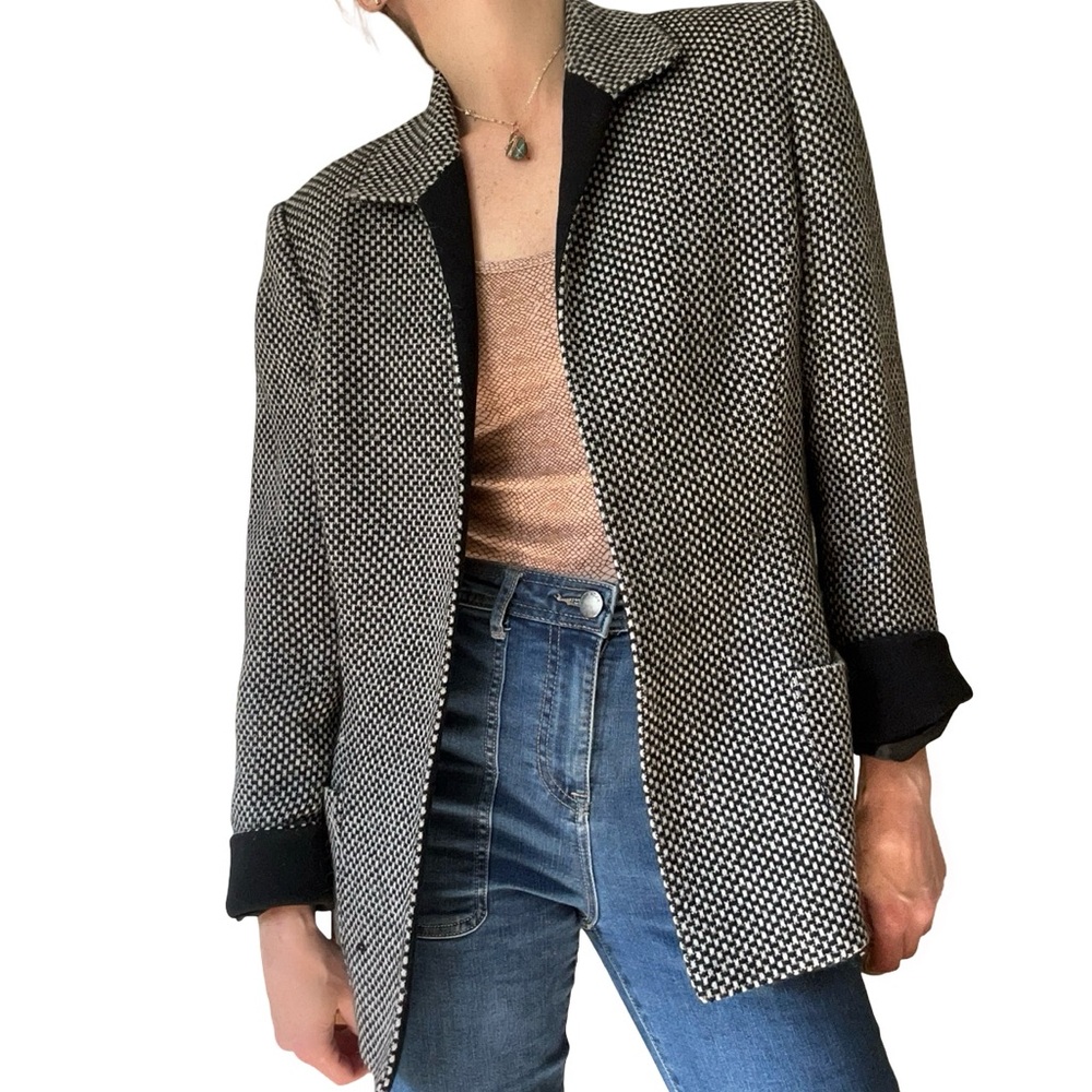 Tahari Black White Check Open Front Lined Blazer Size 14 - Picture 2 of 14